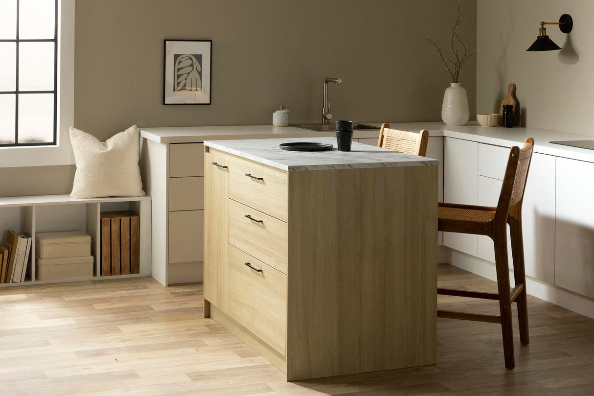 South Shore Myro Kitchen Island Faux White Marble and Blonde Oak, Contemporary South Shore