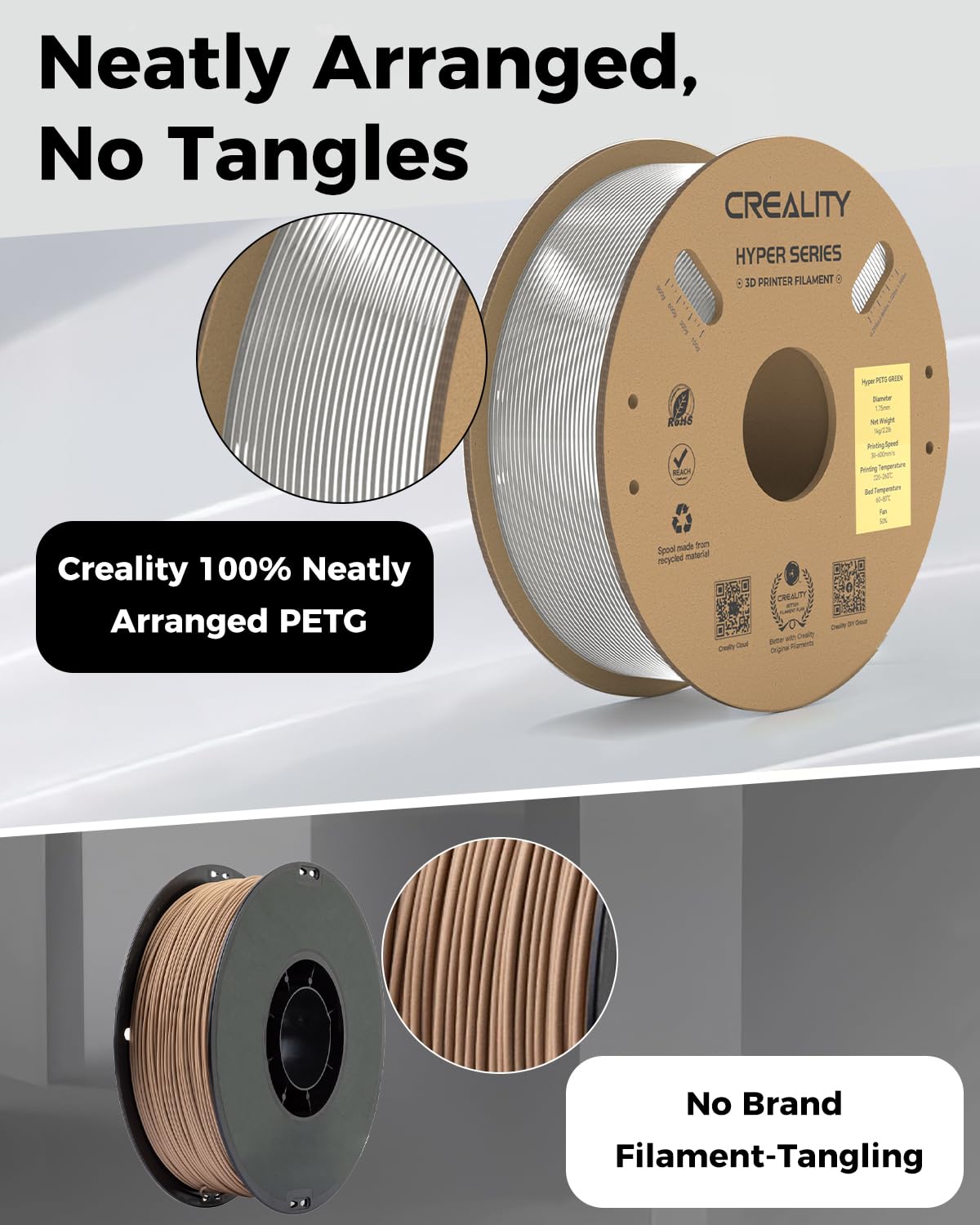 Creality Official Hyper PETG Filament 1.75mm, High Speed 30-600mm/s 3D Printer Filament PETG, Dimensional Accuracy ± 0.03 mm, Fit Most 3D Printers, 1KG(2.2lbs) Spool Transparent Creality