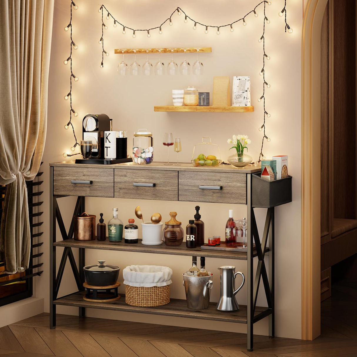 Gizoon 47" Console Table with 3 Drawers, Industrial Entryway Table with 3 Tier Storage Shelves, Narrow Long Sofa Table for Entry Way, Hallway, Couch, Living Room, Kitchen, Grey Gizoon