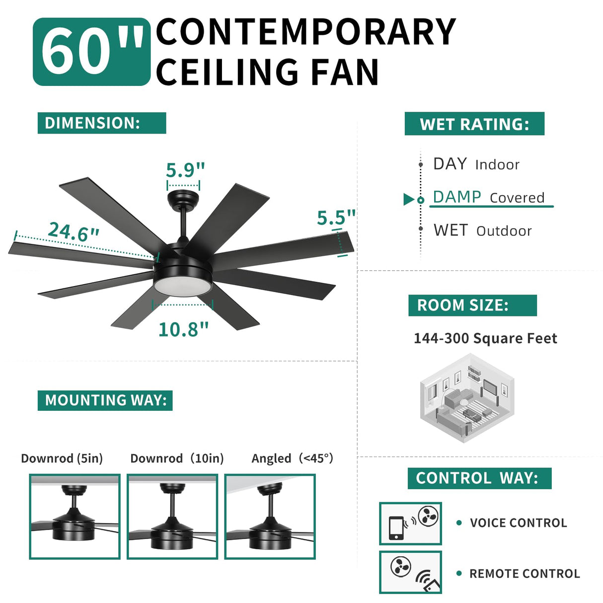 YITAHOME 60 Inch Black Ceiling Fan with Lights and Remote,8 Blades,App Control, Modern Smart Ceiling Fan Compatible with Alexa for Indoor, Reversible Quiet Motor, Memory Function YITAHOME