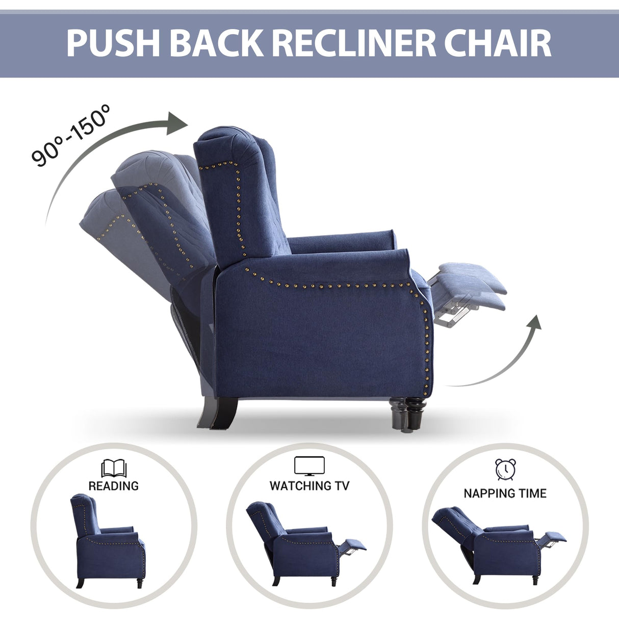 Wingback Pushback Recliner Chair, High Back Upholstered Armchair with Solid Wood Legs, Rivet Decoration, Blue Bonzy Home
