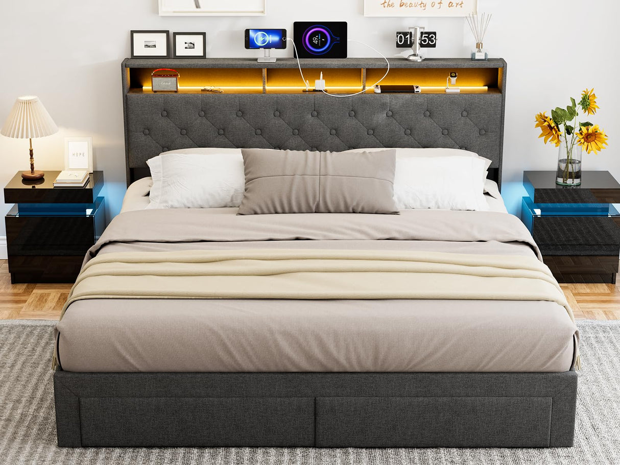 IKIFLY Dark Grey King Bed Frame with LED Storage Headboard, Charging Station & 4 Drawers IKIFLY