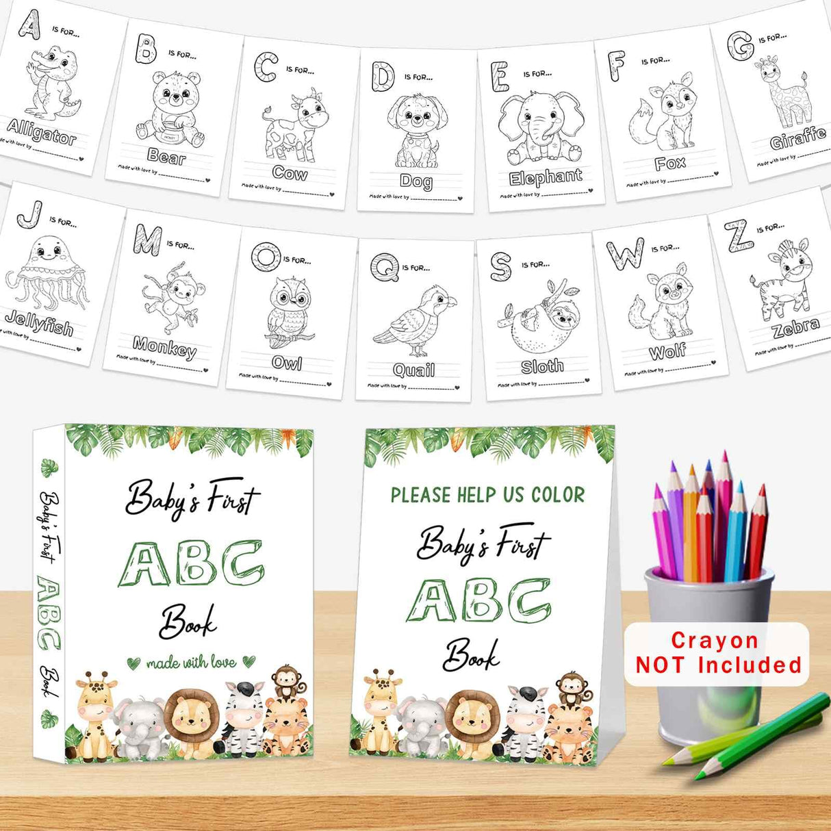 Baby's First ABC Book Baby Shower Activity Keepsake Game, Safari Jungle ABC Coloring Baby Shower Guest Book, Baby's First Alphabet Coloring Book, Alphabet A to Z Coloring Pages hongpar