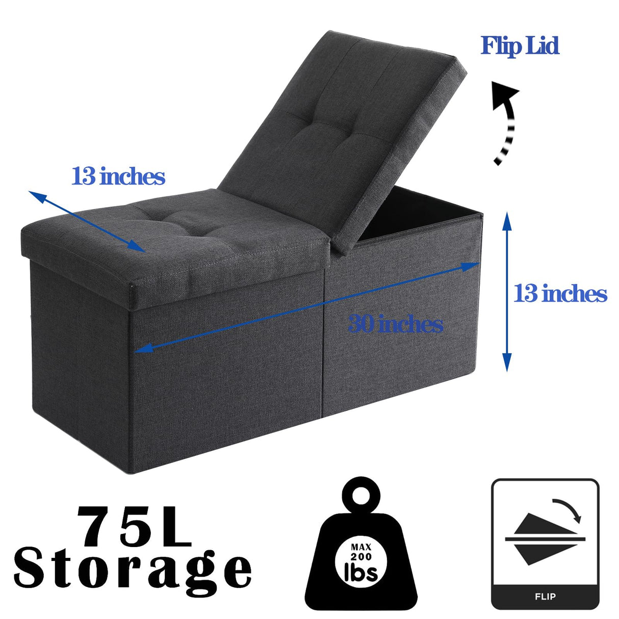 CUYOCA Storage Ottoman Bench Foldable Seat Footrest Shoe Bench End of Bed Storage with Flipping Lid, 75L Storage Space, 30 inches Linen Fabric Black CUYOCA