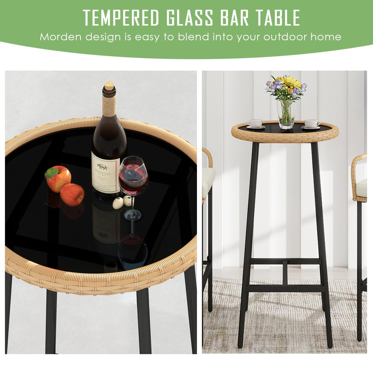 Vikiullf 3 Pieces Patio Bar Table Set, Outdoor Wicker Bar, All Weather Height Bar Stools and Table Set, for Garden, Deck, Balcony Vikiullf