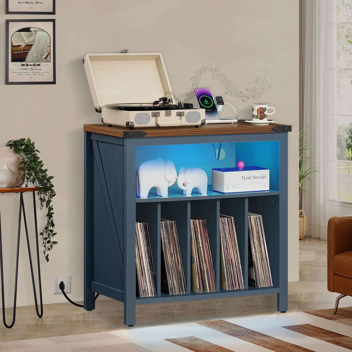 Joaxswe Large Record Player Table with Charging Station & LED Lights, Blue Vinyl Record Storage Cabinet Holds up to 230 Albums, Turntable Stand with Display Shelf for Music Room Bedroom Living Room Joaxswe