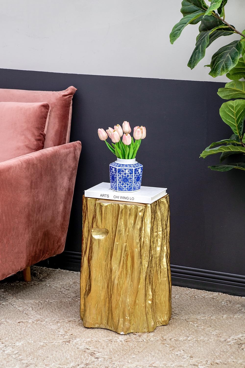 JURMALYN Modern End Table Golden Tree Trunk Side Table, Unique Small Coffee Table for Living Room Bedroom Apartment, 13.5"x13"x20" JURMALYN