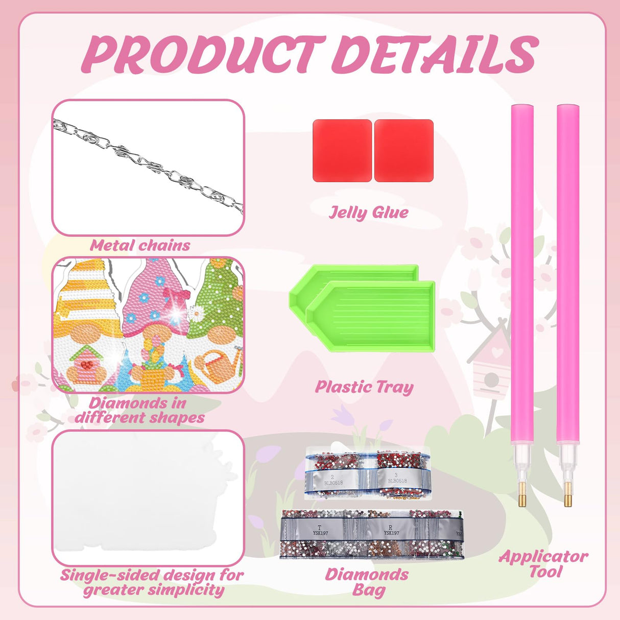 Chitidr 6 Pcs Diamond Painting Hanging Sign Set Gnome Art Kits DIY Crystal Paint Arts and Crafts Set 5d DIY Spring Ornaments Kits for Wall Door Window Decor Chitidr