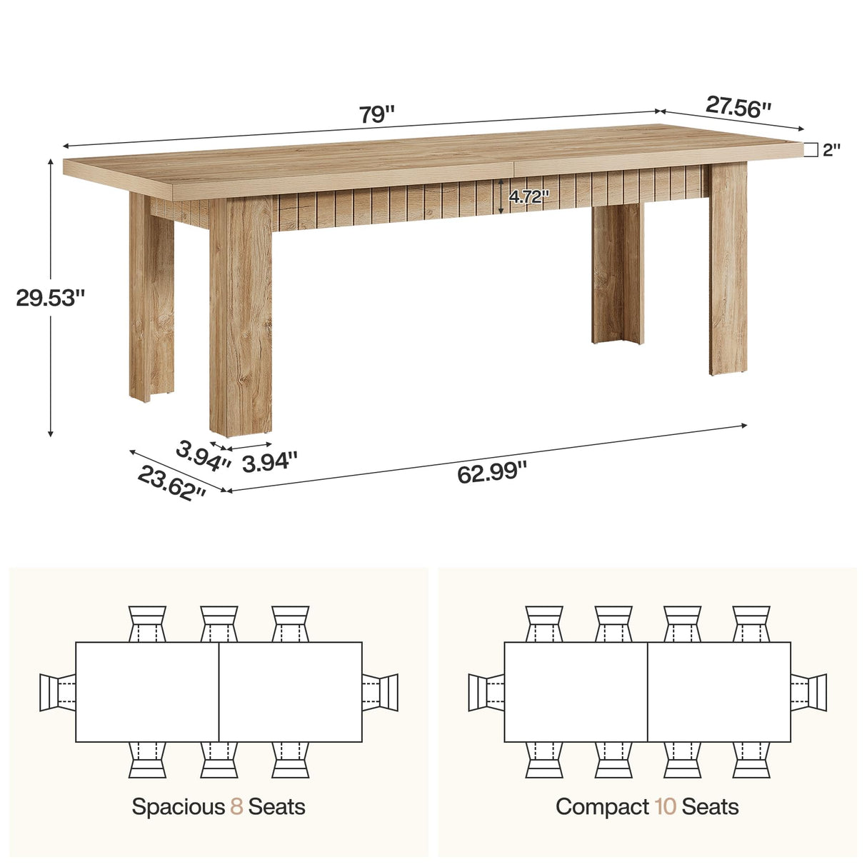 Tribesigns 79" Dining Table for 6-8 People, Farmhouse Extra Long Kitchen Table, Rectangular Wooden Dinner Table for Kitchen, Dining Room, Living Room, Natural Oak Tribesigns