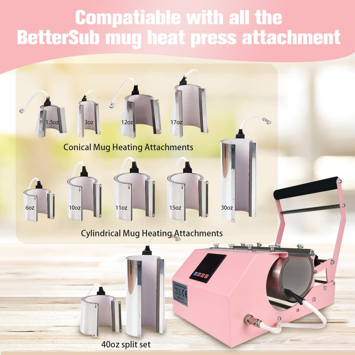 BetterSub 3in1 40 OZ Tumbler Mug Heat Press Machine 30 OZ 20 OZ 16 OZ Sublimation Straight Skinny Tumbler Mug,11 OZ 15 OZ 16 OZ Sublimation Mug Heat Transfer Pink BetterSub