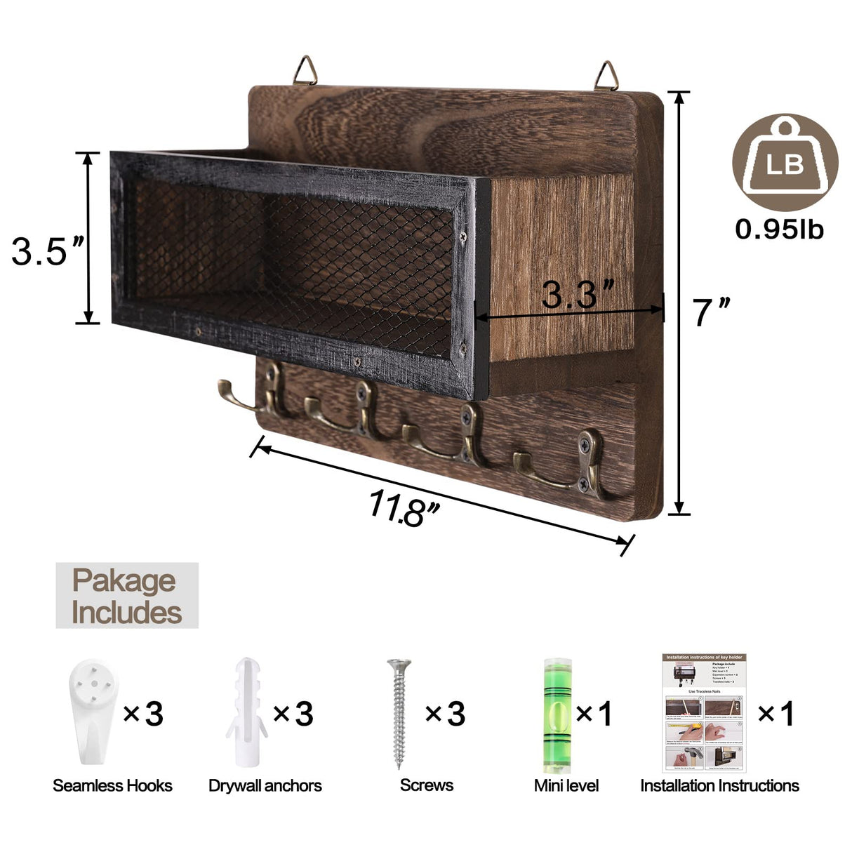 ADIIL Mail and Key Holder for Wall Decorative, Wooden Wall Key Rack Organizer with 4 Double Key Hooks, Wall Mount Key Hanger for Wall with Shelf, Rustic Home Decor for Entryway Hallway, Brown ADIIL