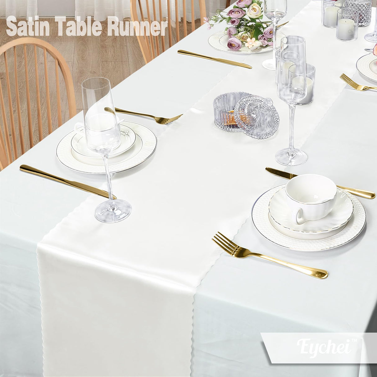 Eychei Set of 5 White Satin Table Runners, 12" x 108" Long Bright & Smooth Table Runner with Scalloped Edges, Satin Table Cloth Table Runner Decor for Wedding, Party, Banquet Eychei