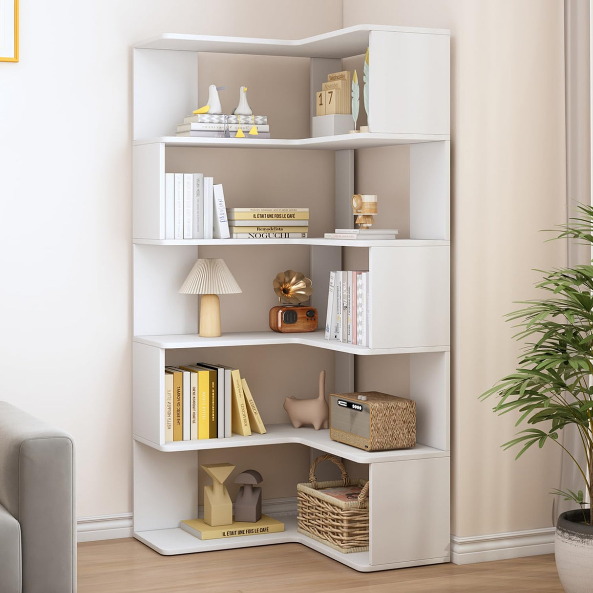 IOTXY 6-Tier L-Shaped Corner Bookshelf - 66" Tall Wooden Freestanding Bookcase with Open Shelf Units, White IOTXY