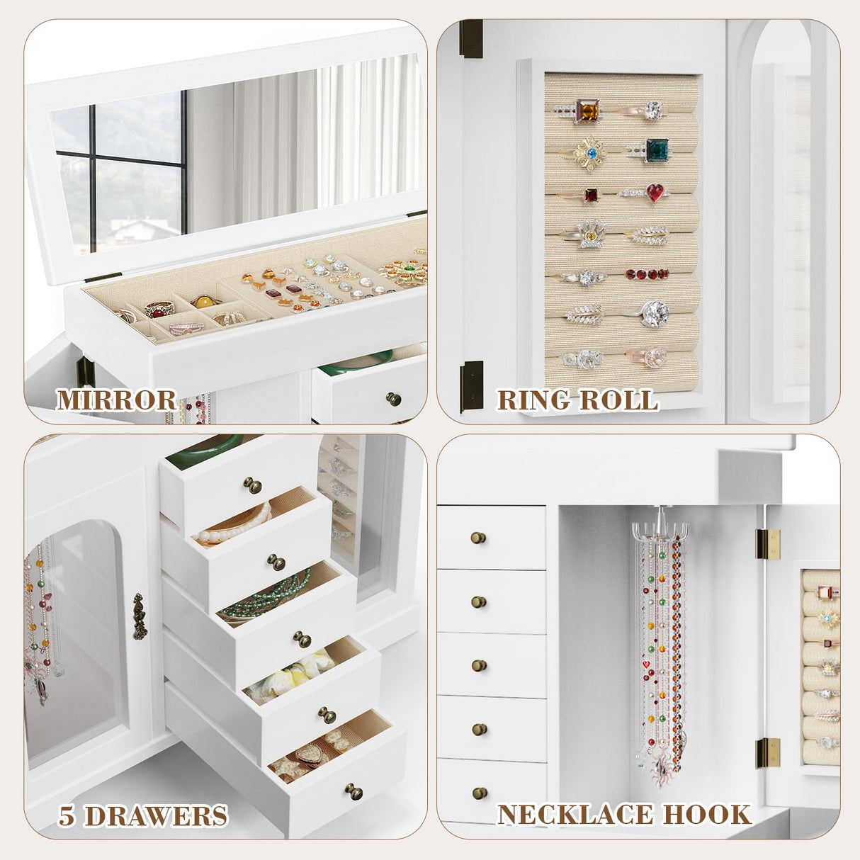 Miratino Jewelry Box for Women Girls, Wooden Jewelry Organizer Box with Mirror, 5 Layer Jewelry Storage Case Display for Necklaces Earrings Rings Bracelets Valentine's Day Gifts Miratino