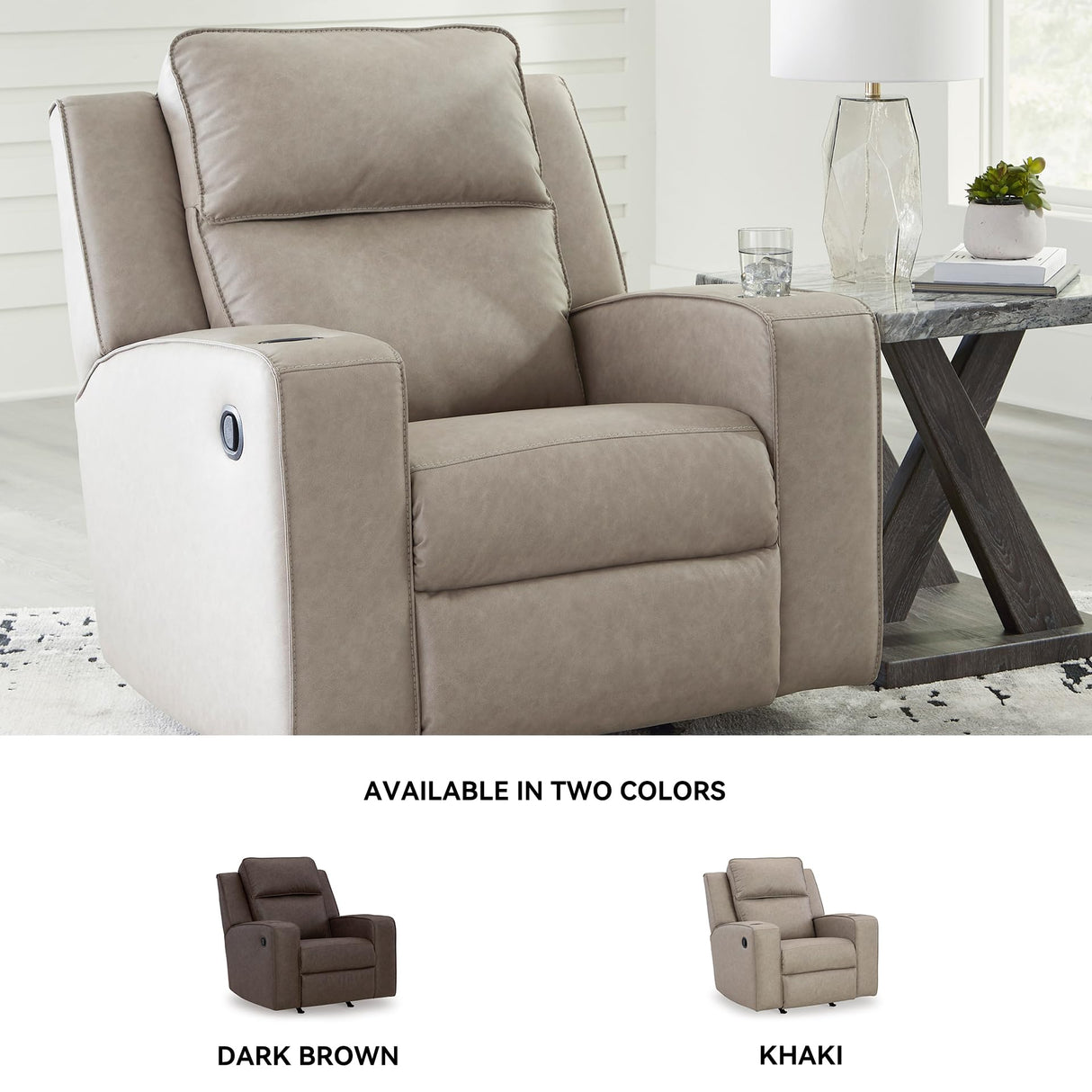 Signature Design by Ashley Lavenhorne Contemporary Faux Leather Upholstered Manual Rocker Recliner with 2 Cup Holders, Beige Signature Design by Ashley