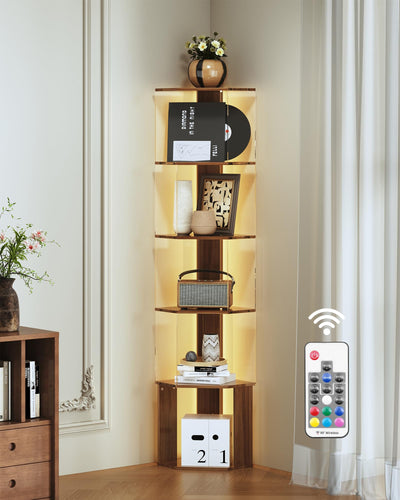 6 Tier Corner Shelf with Adjustable LED Light Corner Shelf Stand 62.8in High Acrylic Corner Display Cabinet for Living Room Bedroom Study Room