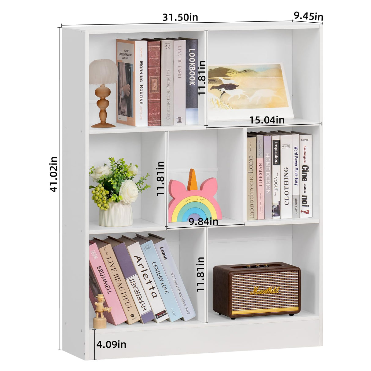 YAHARBO White 7 Cube Bookshelf,3 Tier Modern Horizontal Bookcase,Wooden Low Book Shelf Display Storage Cabinet with Base,Floor Standing Short Bookshelves Open Organizer for Bedroom,Living Room,Office YAHARBO
