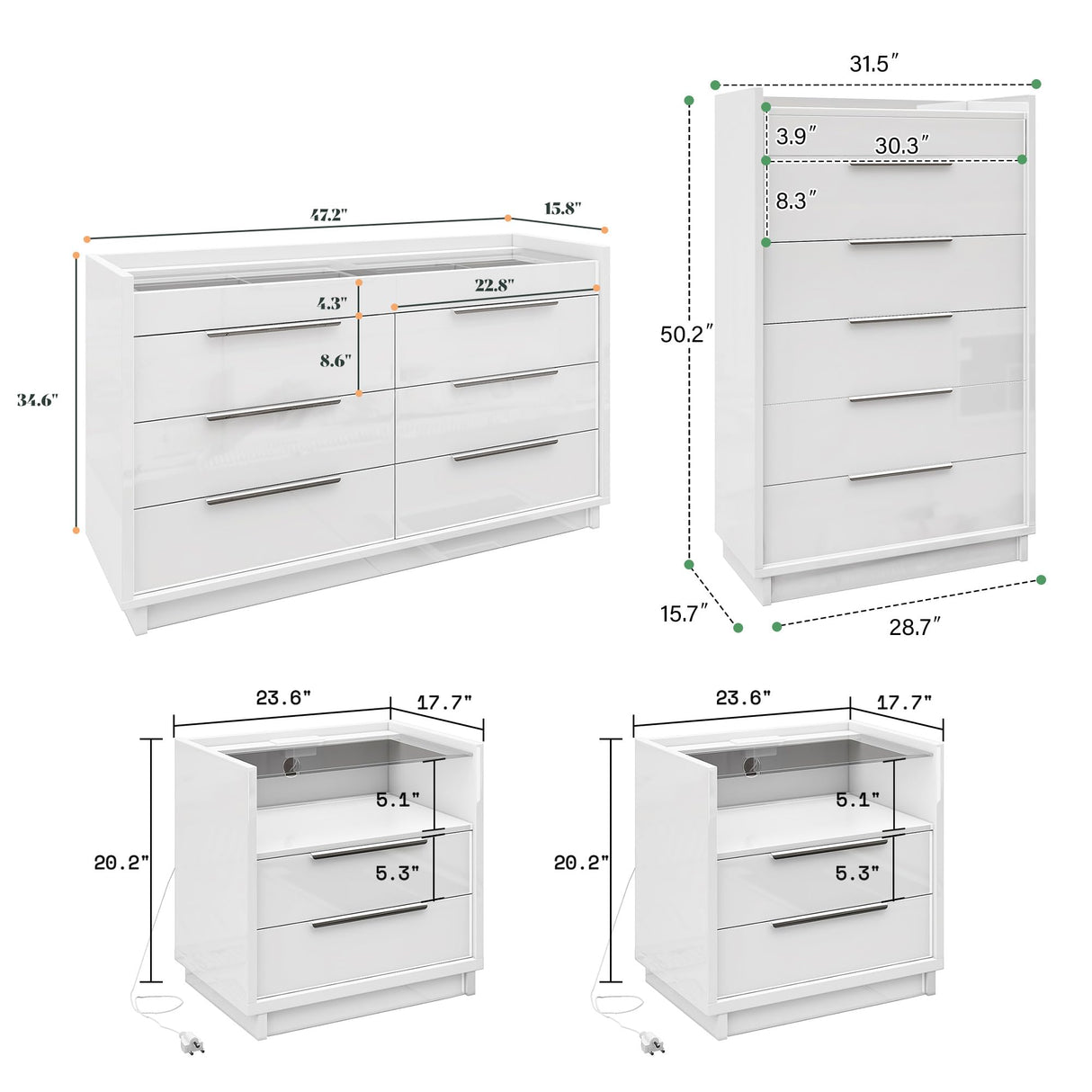 AMERLIFE 4 Piece Bedroom Furniture Set, 2 Nightstands with Charging Station, 8 Drawer Dresser with LED Light & 5 Drawer Chest, Modern High Gloss UV Finish, Bedroom Storage Organizer, White AMERLIFE