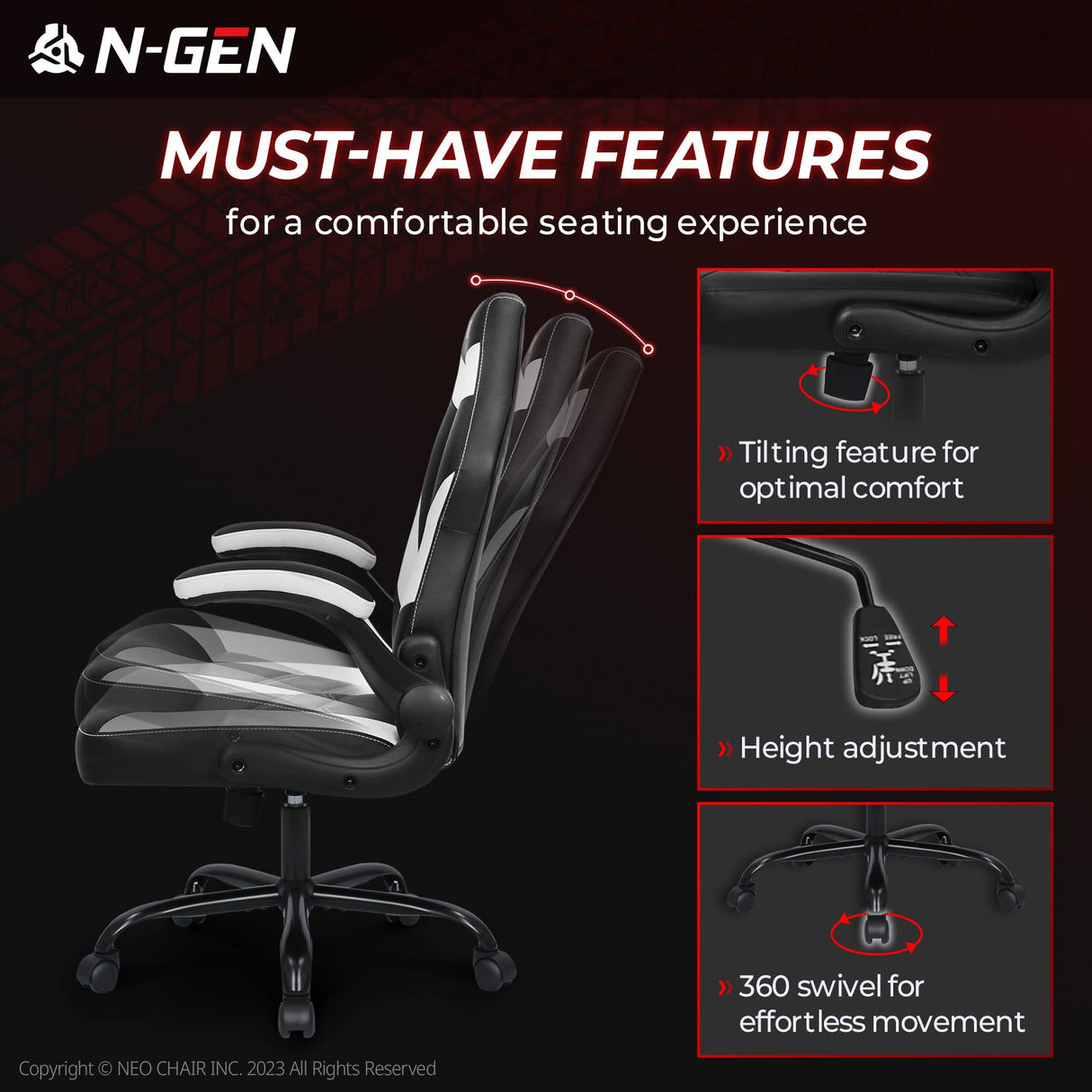 N-GEN Video Gaming Computer Chair Ergonomic Office Chair Desk Chair with Lumbar Support Flip Up Arms Adjustable Height Swivel PU Leather Executive with Wheels for Adults Women Men (White) NEO CHAIR