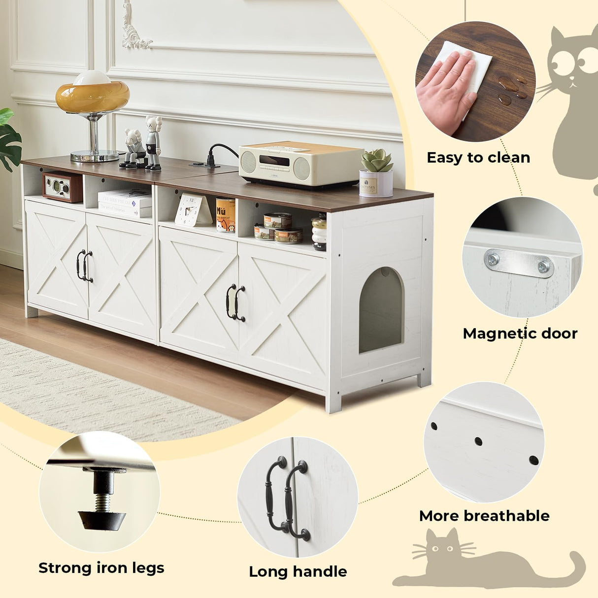 JanflyHome Double Cat Litter Box Enclosure for 2 Cats, 63" Hidden Litter Box Furniture with Outlet Power, Farmhouse Large Litter Box Cabinet TV Stand, 63 x 17.7 x 23.6 in, Antique White JanflyHome
