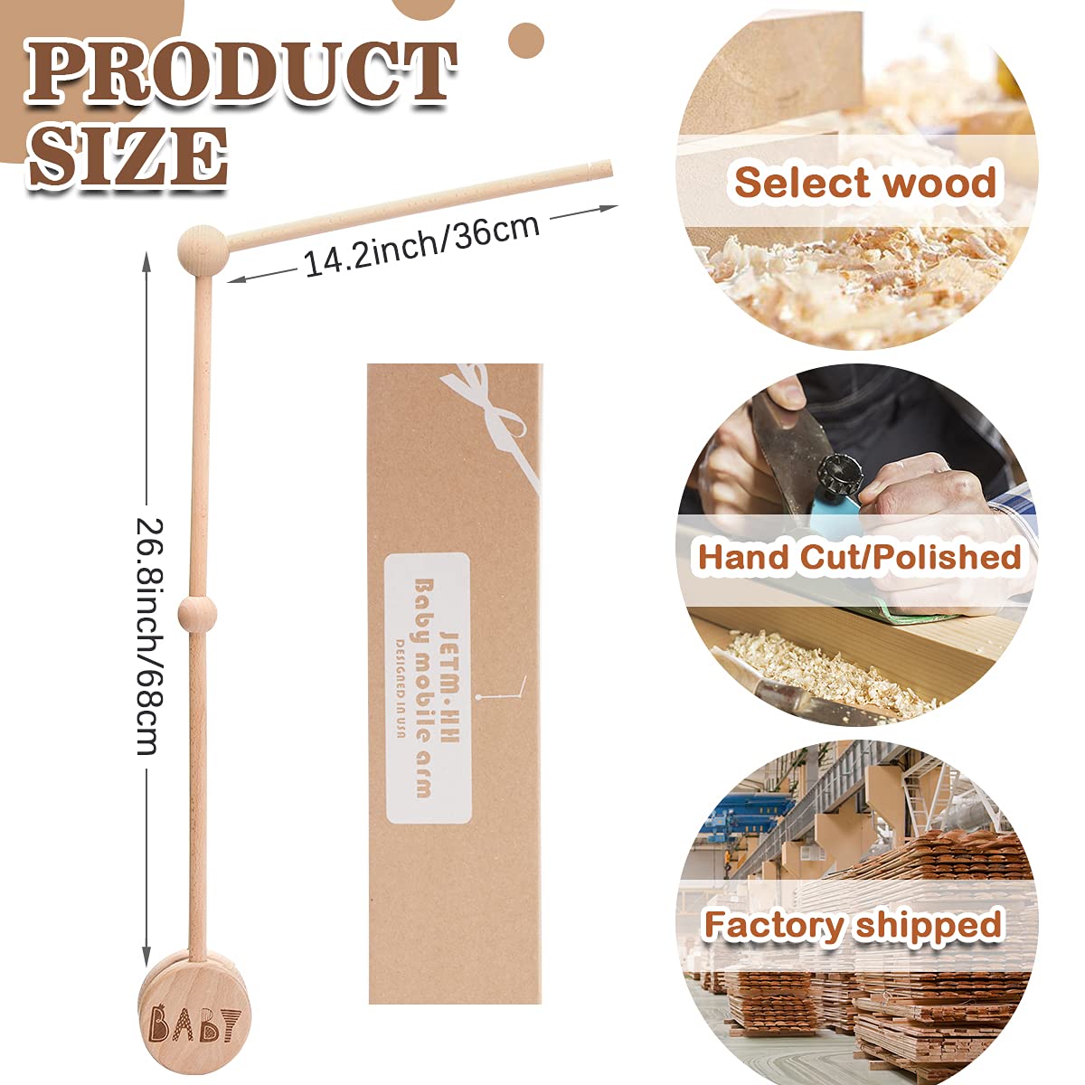 JETM·HH Baby Crib Mobile Arm Wooden Holder 30 inch Beech Hangers with Rotating Music Box Nursery Decor Attachment Safe Anti Slip Set JETM·HH