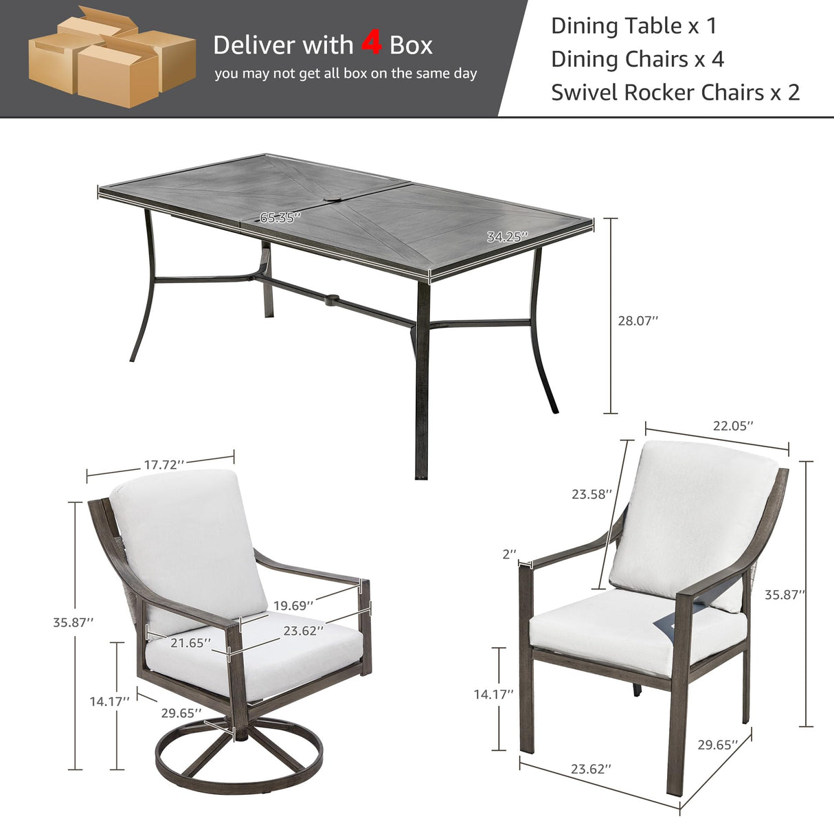 NATURAL EXPRESSIONS 7 Piece Patio Dining Table Outdoor Furniture Set for 6, 4Pcs Fixed and 2Pcs Swivel Patio Dining Chairs with Olefin Cushions, 65”Large Dining Table with Umbrella Hole NATURAL EXPRESSIONS