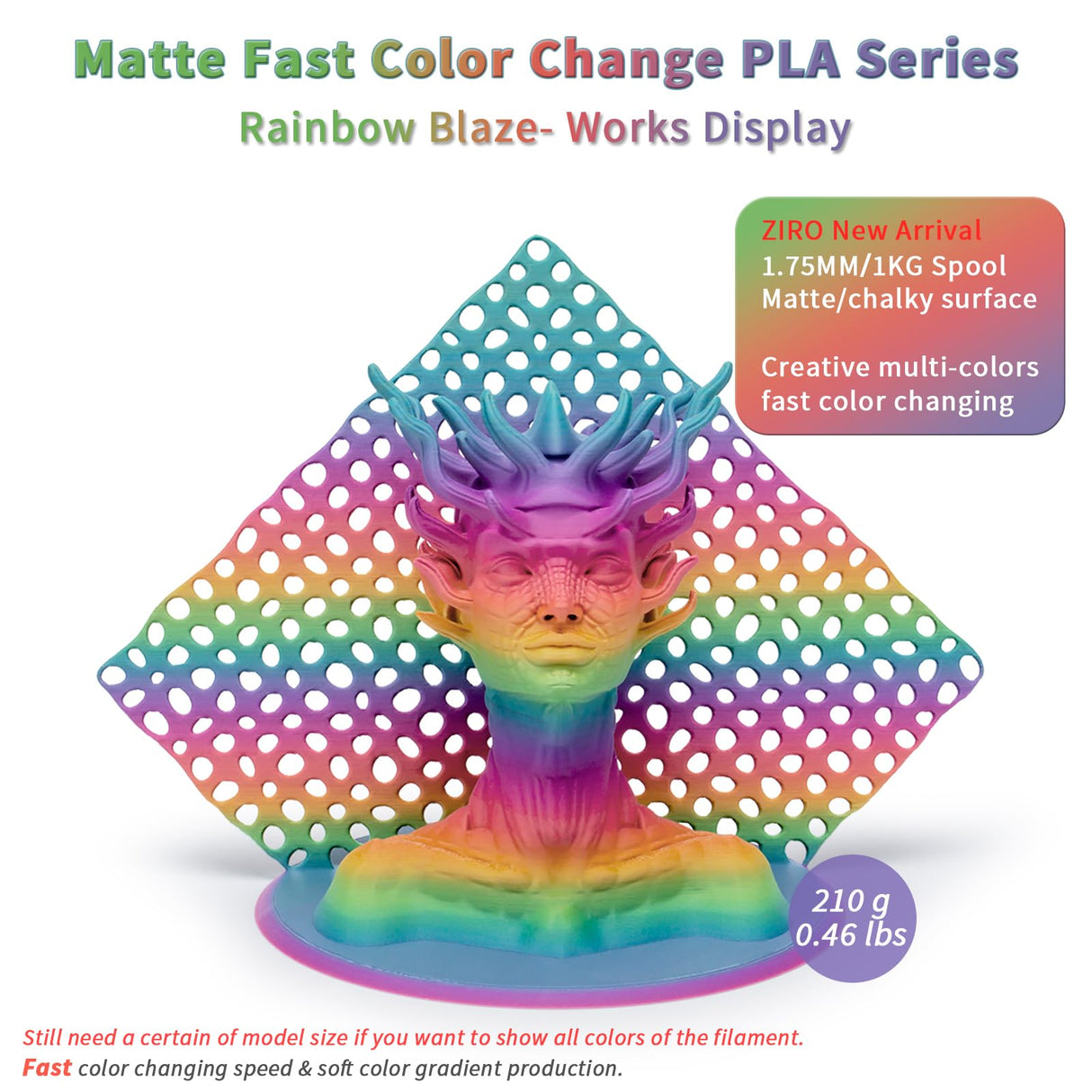 ZIRO 3D Printer Filament PLA, Fast Color Changing Filament(Matte), Color Change by Length PLA, Fit Most FDM 3D Printers, Matte Finish 1KG/ 2.2lbs Spool, Rainbow Blaze ZIRO