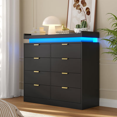 knoworld 8 Drawer Dresser for Bedroom, Black Dresser with LED Lights and Power Outlet, Large Wooden Dressers Modern Chest of Drawers, Double Wide 9 Drawer Dressers for Bedroom, Entryway, Hallway