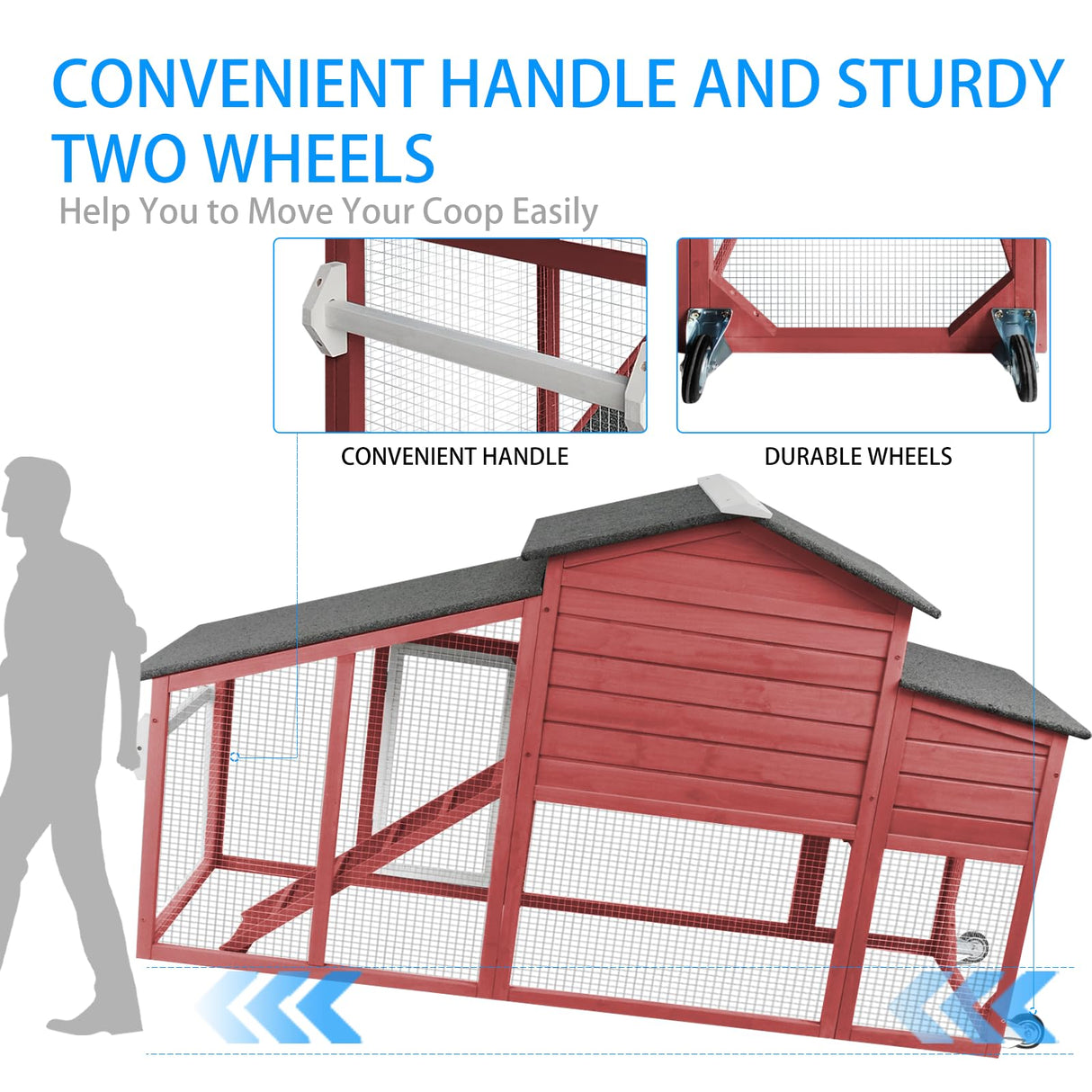 PetsCosset Chicken Coop Wooden Backyard Hen House - Indoor Outdoor for 2-3 Chickens, 2 Story Poultry Cage with Run, Chicken Nesting Box, Pull Out Trays and Anti-Slip Asphalt Ramp PetsCosset