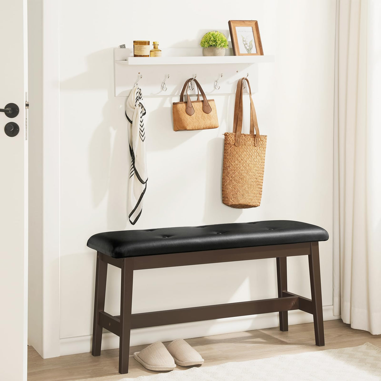 HOOBRO Dining Bench, Bamboo Dining Room Bench with PU Leather Upholstered Seat, for Kitchen, Living Room, Hallway, Kitchen, Entryway, Brown and Black CB13CD01 HOOBRO