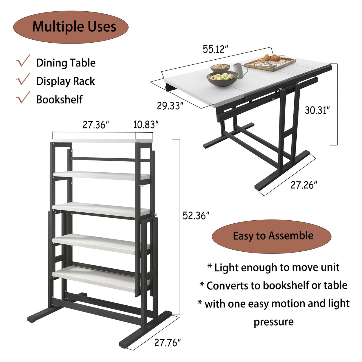 RELAHOGAR Convertible Dining Table, Multipurpose Mahogany Storage Shelf, 2 in 1 Bookshelf to Kitchen Table, Space Saving Transformer Shelf Table for Dining Room, Living Room, White RELAHOGAR