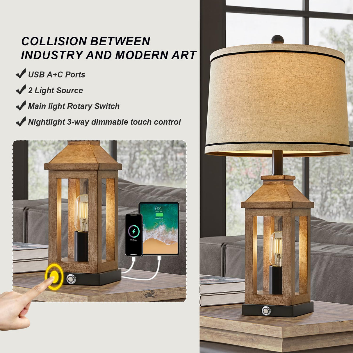 G-SAFAVA 23.75" Farmhouse Table Lamps Set USB A+C Charging Ports 3-Way Dimmable Touch Control Lamp Nightlight Vintage Modern Lamp for Living Room Bedroom with 2 Light Sources (2 Bulbs Included) G-SAFAVA