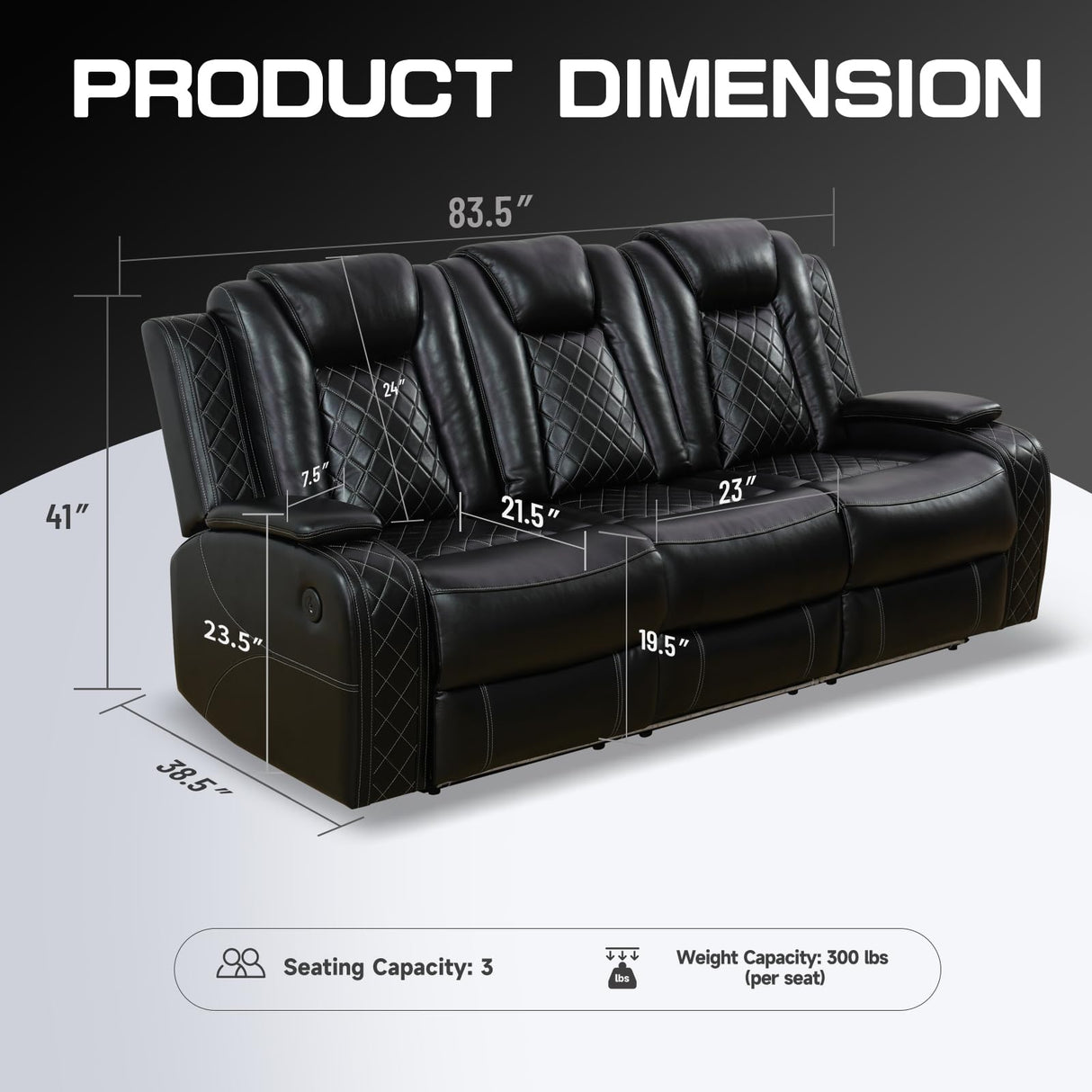 PU Leather Power Wall Hugger Chair Double Reclining Sectional Sofa 3-Seater Loveseat Couch with Reversible Coffee Table, Wireless Chargers, USB Port and Ambient LED Light for Living Room RV Theater NicBex