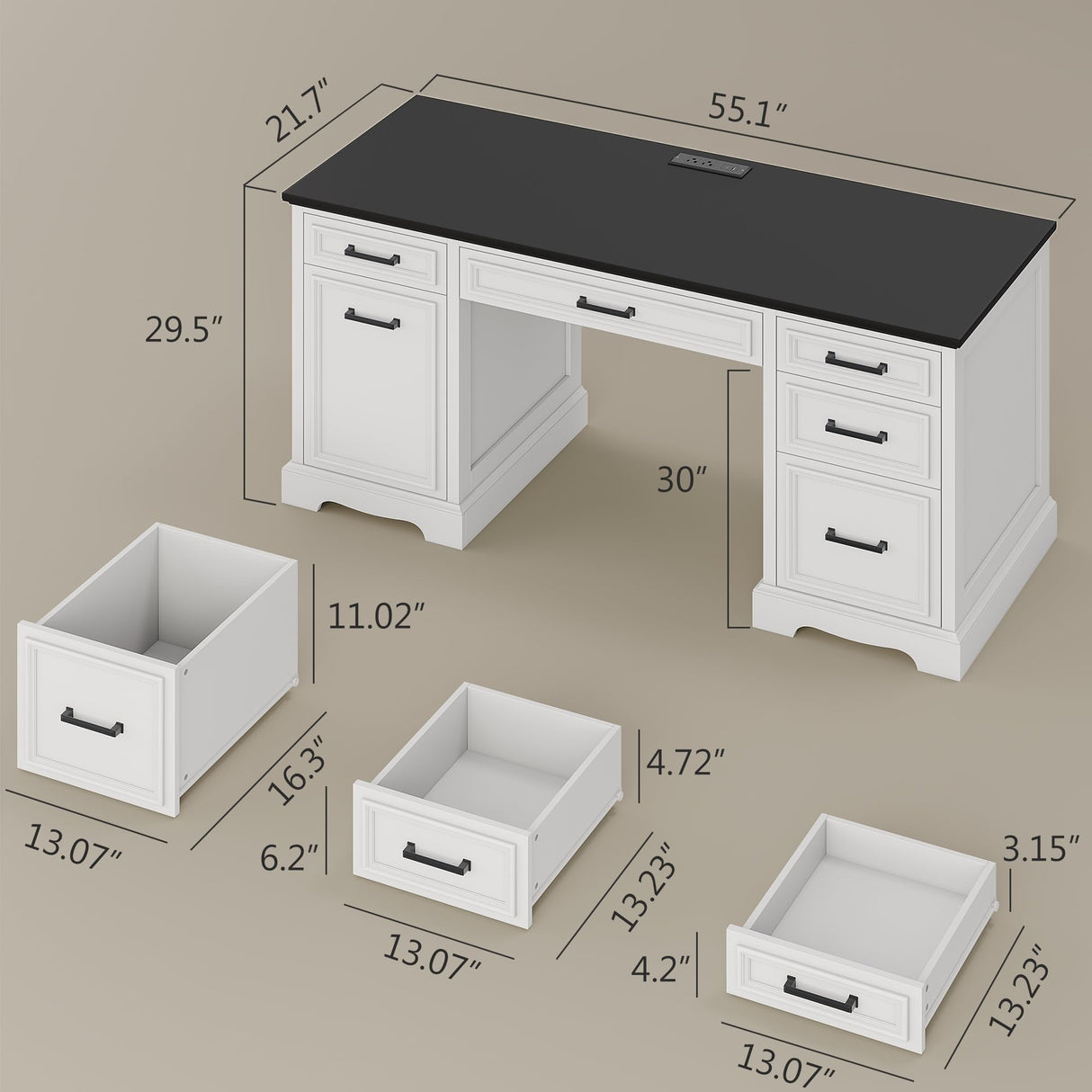 Fynar White Farmhouse Executive Desk with Drawers and Charging Station, 55.1" Wood Home Office Desk with Storage Cabinet,Morden Solid Computer Writing Desk for Study Work Table for Home Office (White) Fynar
