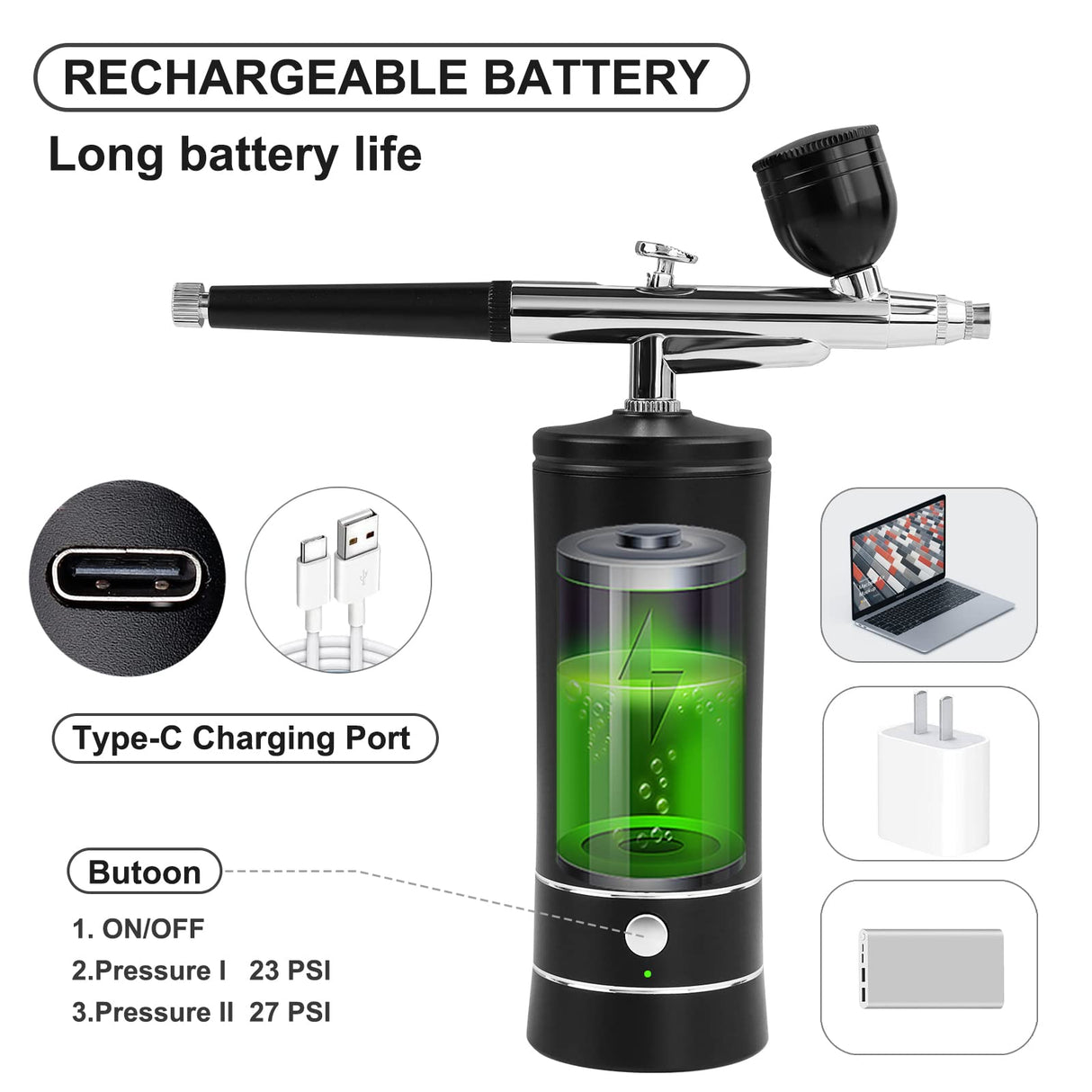 Airbrush Kit with Compressor, Auto Handheld Airbrush Gun with 0.3mm Tip, Rechargeable, Portable Air Brushes for Painting, Tattoo, Nail Art, Model Coloring, Makeup, Cake Ykall