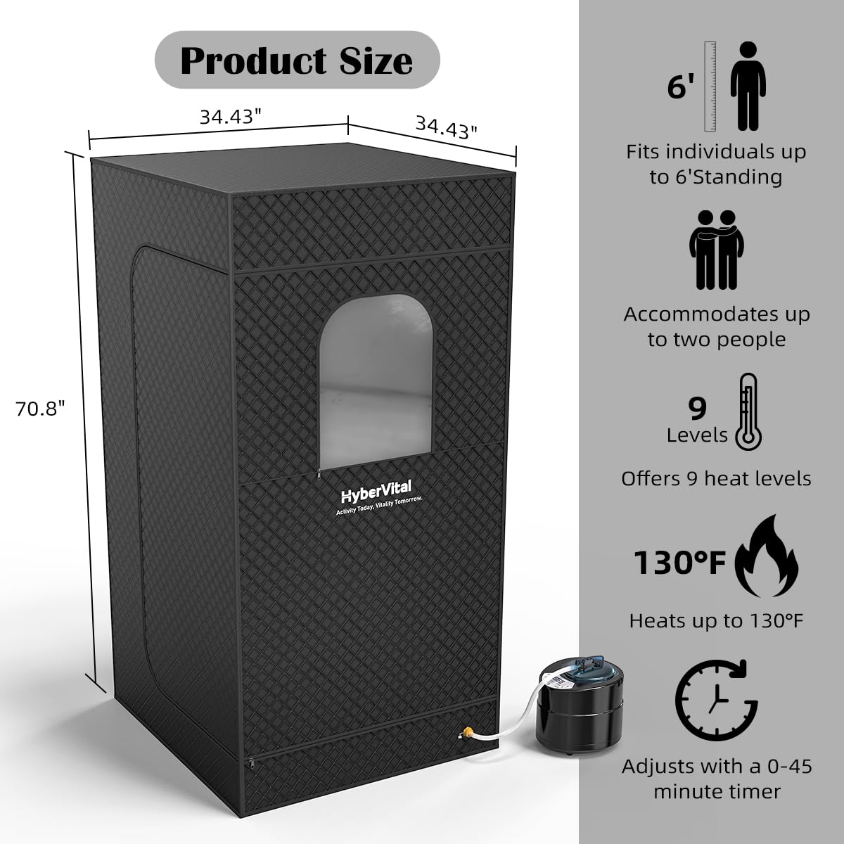 HyberVital Sauna Box, Portable Steam Sauna for Home, Large Sauna Tent with 3.0L Steamer for Full Body SPA, Easy Assembly Quick Heat-Up Sauna Experience HyberVital