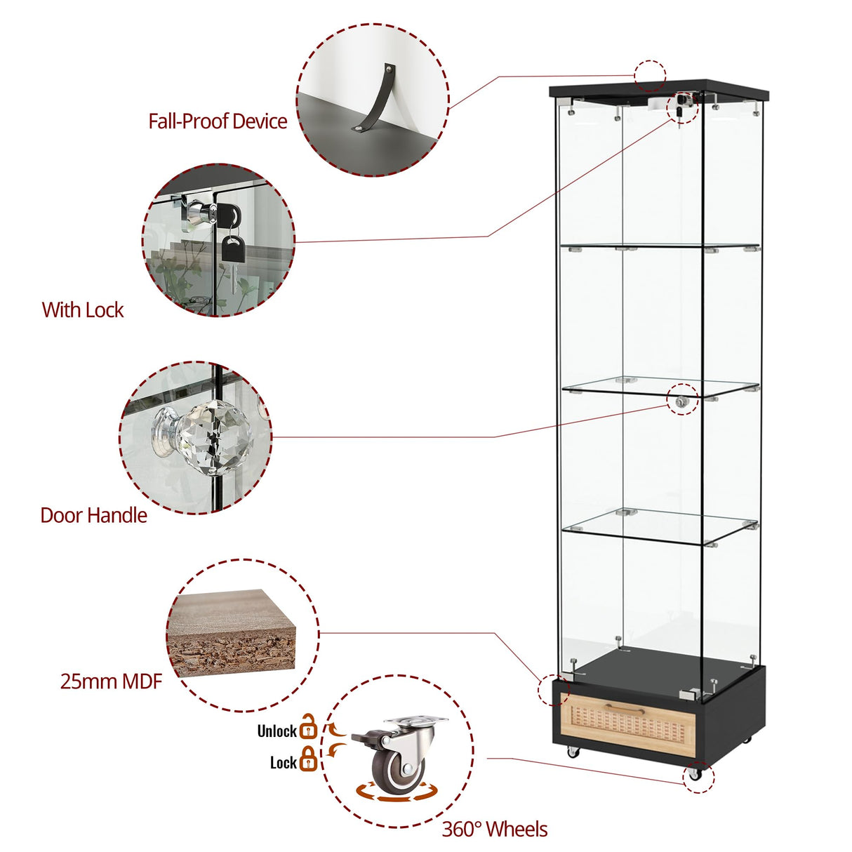 4-Tier Glass Display Cabinet with LED Lights & PE Rattan Drawers, Glass Curio Cabinets Collectibles Display Case on Wheel, Tempered Glass Freestanding Bookshelf for Living Room Bedroom Office, Black TehRecBT