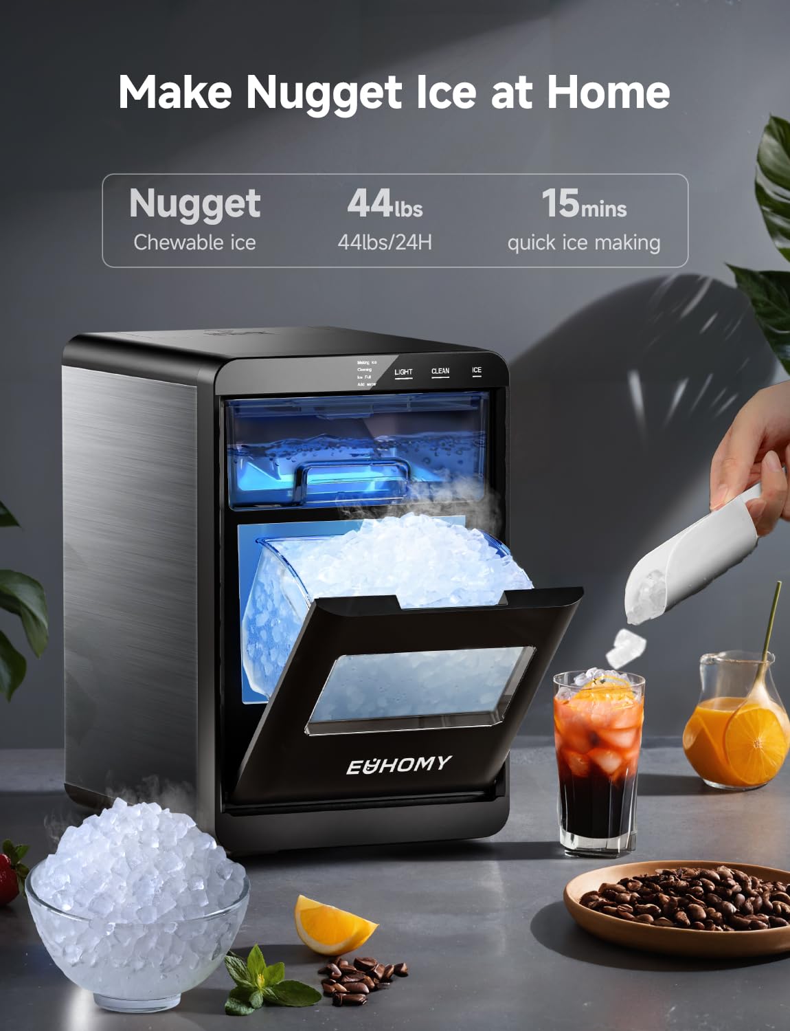 EUHOMY Nugget Ice Maker Countertop, 44Lbs/24H Pebble Ice Maker Machine, Self-Cleaning Pellet Ice Machine with Ice Scoop&Basket, Sonic Countertop Ice Machine for Home/Kitchen/Office(Black) EUHOMY