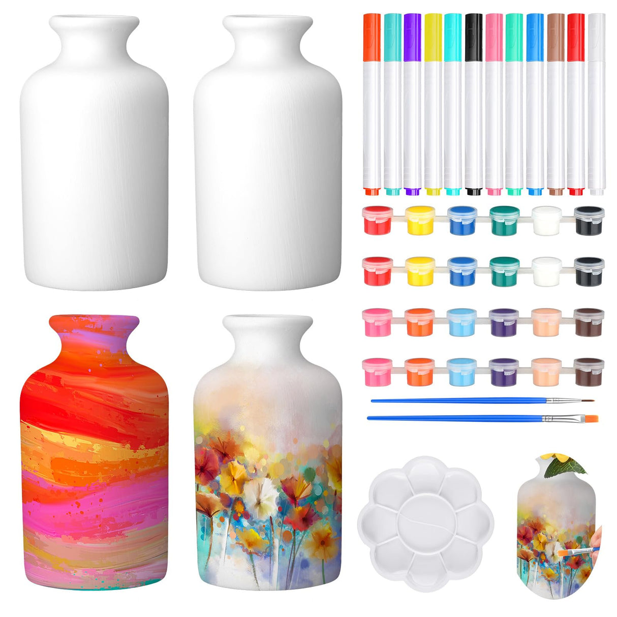 Singhoow 4 Set Paint Your Own Porcelain Paint Vase Art Project White Ceramic Painting Kit for Adults Porcelain Vase Decorating Kit with Art Supplies DIY(Classic) Singhoow