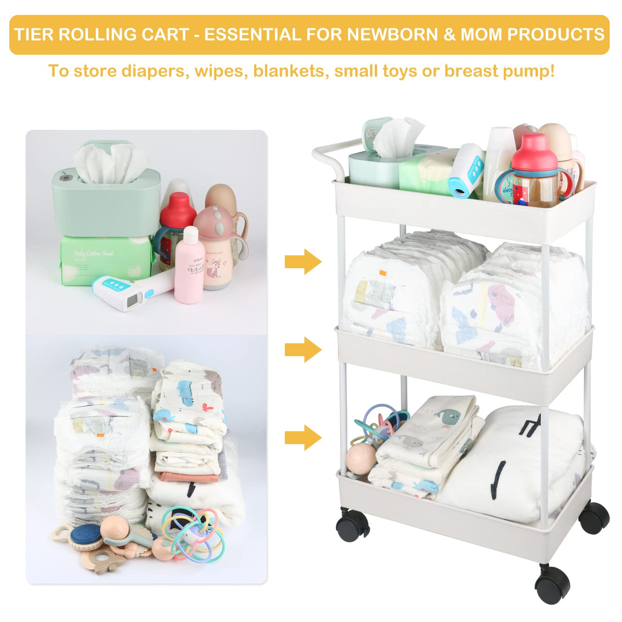 Volnamal Baby Diaper Caddy, Plastic Movable Cart for Newborn Nursery Essentials Diaper Storage Caddy Organizer for Changing Table & Crib, Easy to Assemble, Beige Volnamal