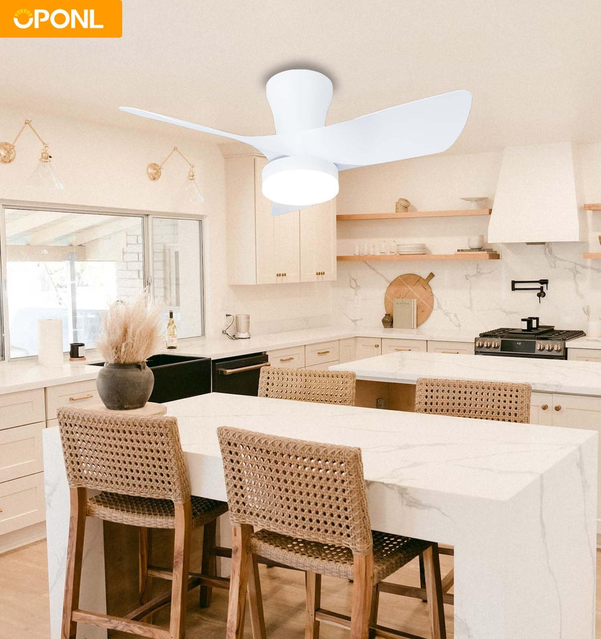 OPONL White Ceiling Fan with Light 30inch, Large Air Volume, Ceiling Fans with Lights for Bedroom Kitchen Dining room Patio OPONL