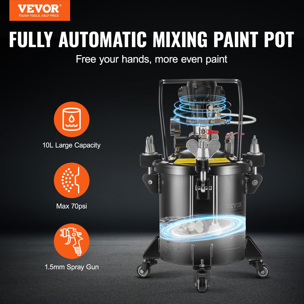 VEVOR Spray Paint Pressure Pot, 10 L/2.5 gal Fully Automatic Stirring Pressure Pot Tank, 70 psi Adjustale Pressure, Pressure Pot Paint Tank with Spray Gun and Hoses, for Home Decor Industry Painting VEVOR