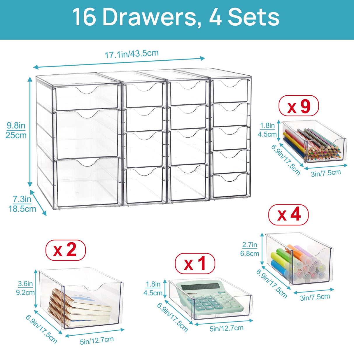 Vtopmart Acrylic Organizer with 16 Drawers (4 Set),Clear Storage Drawers for Office Supplies,Desk Organization and Storage for Makeup,Jewelry,Art Crafts Vtopmart