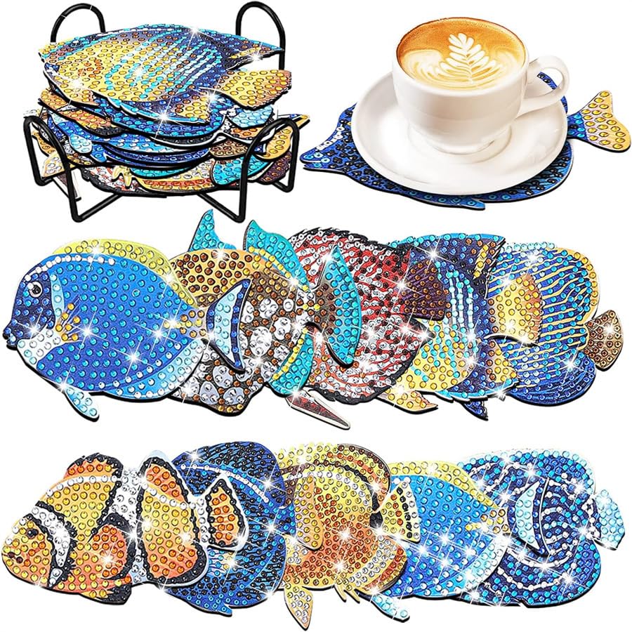 WFJ 10 Pcs Sea Fish Diamond Art Paintings Coasters Kits with Holder, Diamond Painting Coasters Set - Diamond Dots Craft WFJ