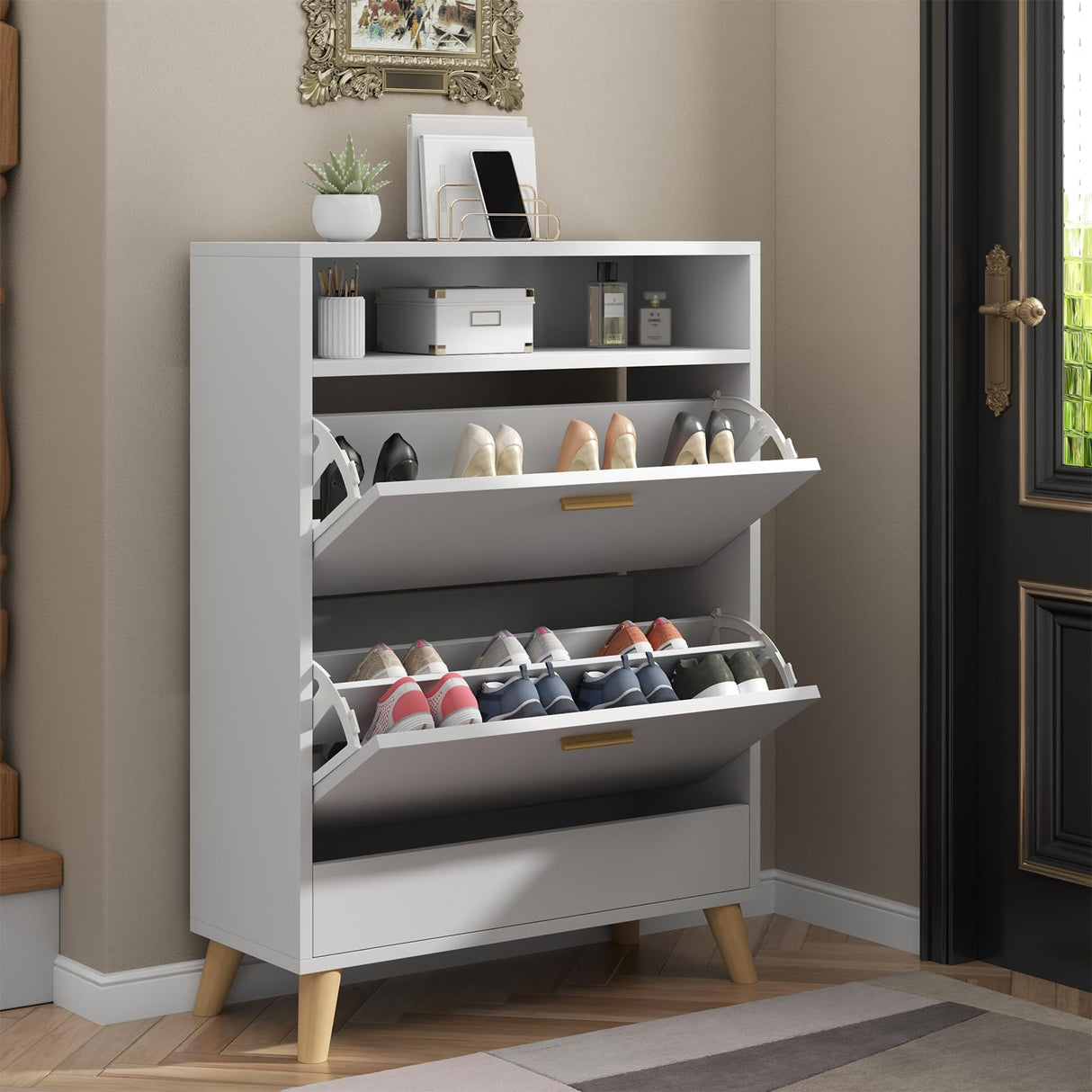 Gyfimoie Shoe Storage Cabinets, Free Standing Shoe Organizer with 2 Flip Drawers for Entryway, Narrow 3 Tier Entryway Hidden Shoe Rack with Doors (Off White) Gyfimoie