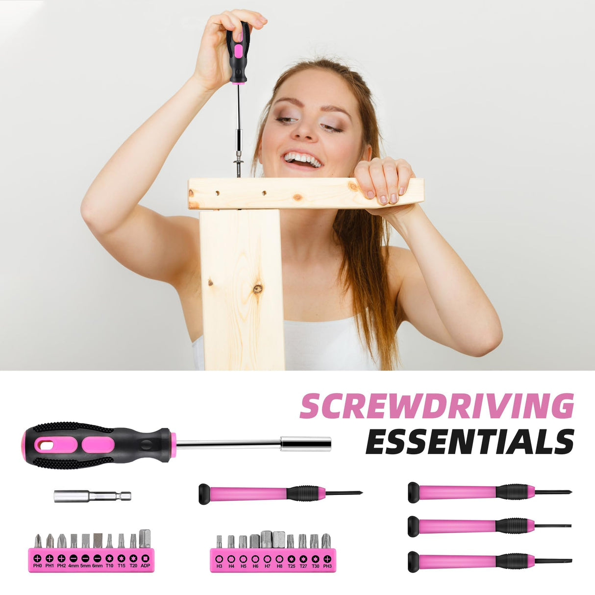 URASISTO 40-Piece Home Tool Kit with Easy Carrying Box, Small Basic Hand Tool Set Perfect for DIY Building, Home Maintenance and Woodworking, Great for College Students - PINK URASISTO