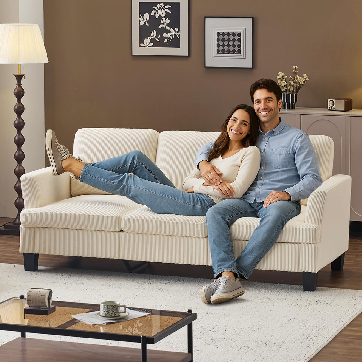 VINGLI Beige 83" Sofa Couches for Living Room, Corduroy Modern Comfy 3 Seater Couch 25.6" Deep Seat Upholstery Cozy Sofas for Small Space, Bedroom, Apartment, Home Office VINGLI