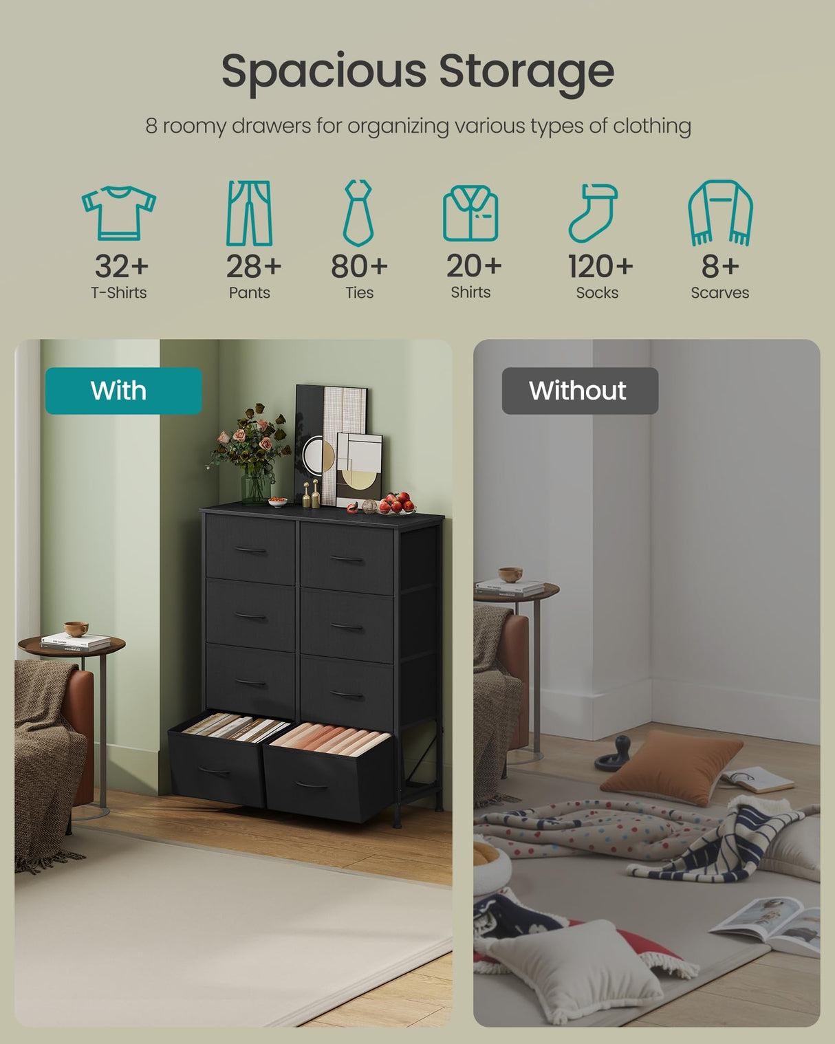 SONGMICS Dresser for Bedroom, Chest of Drawers, Steel, MDF, 8 Non-Woven Fabric Drawers, Storage Organizer Unit, Closet, Entryway, Ink Black and Ebony Black LGS124B01S SONGMICS