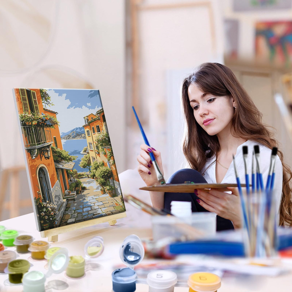 JOOZ 4 Pack Paint by Numbers Kit for Adults with Frame Seaside Sunset Paint by Number with Easel DIY Beach Sea Adult Paint by Number Kit on Canvas Oil Painting Kits for Home Wall Decor 8x12 Inch JOOZ