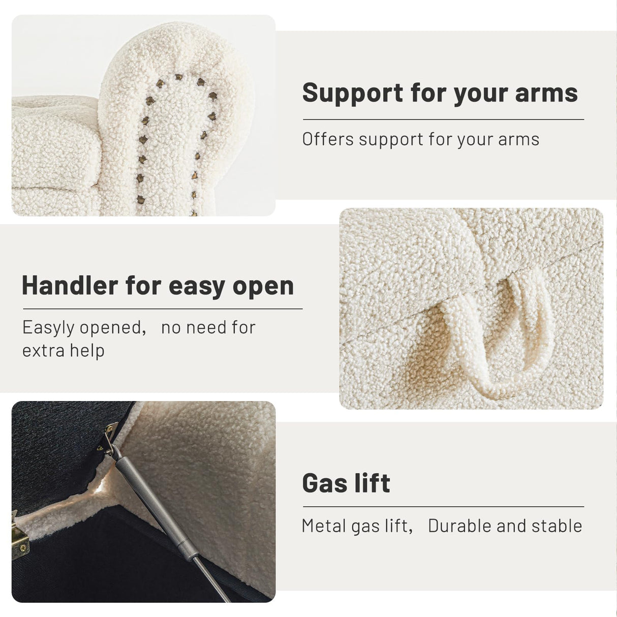 Furniliving Modern Storage Ottoman Bench, Sherpa Bench End of Bed Bench with Solid Wood Legs Upholstered Ottoman Bench with Storage Indoor Bench for Living Room with Rolled Arm, Entryway, White Furniliving